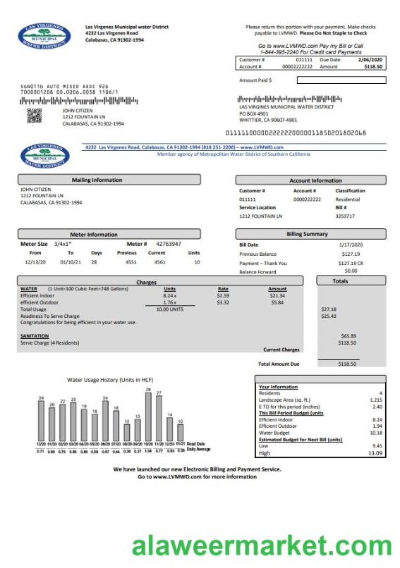 USA California Las Virgenes Municipal Water District utility bill template in Word and PDF format